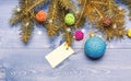 Tips for preparing christmas in advance. Decorative ball toy and gift tag copy space. Winter and christmas holidays Royalty Free Stock Photo