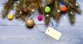 Tips for preparing christmas in advance. Winter and christmas holidays concept. Decorative ball toy and gift tag copy Royalty Free Stock Photo