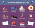 Tips for better sleep, vector flat style design illustration Royalty Free Stock Photo