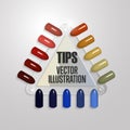 Tips. Set of false nails for manicure. Varnish color palette for nail extension. Artificial nails on transparent basis.