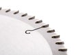 Tips of the teeth of a new ripping saw blade on a white