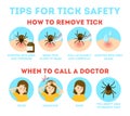 Tips for tick safety infographic. How to remove mite Royalty Free Stock Photo