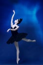 Portrait of young incredibly beautiful woman, ballerina in black ballet outfit, tutu dancing at blue studio full of Royalty Free Stock Photo