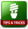 Tips and tricks (bulb icon) green square button red ribbon in mi Royalty Free Stock Photo