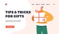 Tips and Tricks for Gifts Landing Page Template. Happy Young Man Holding Big Gift Box Wrapped with Festive Bow Royalty Free Stock Photo
