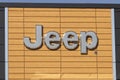 Jeep logo at a Chrysler dealership. The Stellantis subsidiaries of FCA are Chrysler, Dodge, Jeep, and Ram Royalty Free Stock Photo