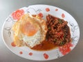 tir-fried pork with basil and fried egg Royalty Free Stock Photo