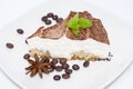 Tiramisu cake with bag of coffee beans Royalty Free Stock Photo