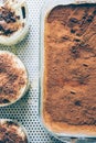 Tiramisu cake on a baking dish,