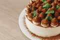 Tiramisu cake with chocolate decotaion on a plate. Wooden background. Close up.