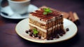 Tiramisu cake with a cup of coffee, selective focus Generative AI Royalty Free Stock Photo