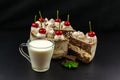 Tiramisu cake decorated with cherries, a sliced piece of cake, pieces of chocolate, a sprig of mint, a cup of milk Royalty Free Stock Photo