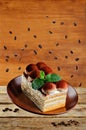 Tiramisu cake flying with mint leaves