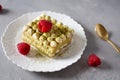 Tiramisu cake with matcha green tea and raspberries on gray concrete background. Side view, close up. Menu, confectionery, cafe Royalty Free Stock Photo