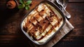 Top view of tiramisu on a rustic wooden table