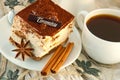 Tiramisu and a cup of hot coffee Royalty Free Stock Photo