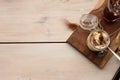 Tiramisu with a cup of iced coffee, top view on wooden board Royalty Free Stock Photo