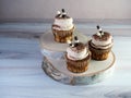 Tiramisu cupcakes piled high with white frosting and dusted with