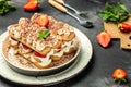 Tiramisu. Homemade tiramisu cake with fresh strawberry, mascarpone and mint. Tiramisu portion on plate. top view. place for text Royalty Free Stock Photo