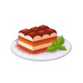 Tiramisu, Italian dessert, isolated glass plate with piece of homemade traditional cake