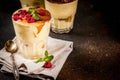 Tiramisu with mint and raspberries Royalty Free Stock Photo