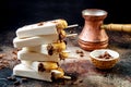 Tiramisu popsicles. Ice pops with italian savoiardi cookies and tiramisu ingredients on rustic kitchen table.