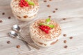 Tiramisu with red currant and chocolate in a glass, horizontal