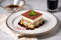 tiramisu slice served on a white porcelain plate