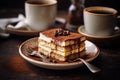 a tiramisu slice set against a blurred backdrop of a traditional Italian cafÃ© scene.