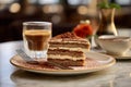 a tiramisu slice set against a blurred backdrop of a traditional Italian cafÃ© scene.