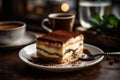 a tiramisu slice set against a blurred backdrop of a traditional Italian cafÃ© scene.