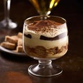 Tiramisu in a stem glass. Creamy coffee dessert in a glass.