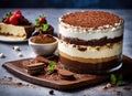 Tiramisu topped with a creamy blend of mascarpone, sugar, vanilla