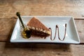 Tiramisu on white plate . Delicious Tiramisu cake with coffee beans and fresh mint on a plate on a light background.