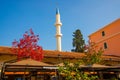 TIRANA, ALBANIA: Beautiful mosque in Tirana in the background of the blue sky Royalty Free Stock Photo