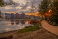 TIRANA, ALBANIA: Evening landscape on a large Lake in a Grand park in Tirana