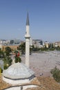 Tirana, Albania, July 8 2019: Aerial view on the Skanderbeg square with the Ethem Bey mosque in the foreground in Tirana