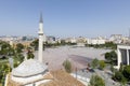 Tirana, Albania, July 8 2019: Aerial view on the Skanderbeg square with the Ethem Bey mosque in the foreground in Tirana