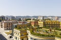 Tirana, Albania, July 8 2019: Downtown Tirana with various ministries in the yellow houses in the foreground