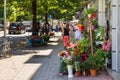 View of the Tirana street. Florist shop, Tirana, Albania.