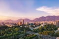 Areal view of Tirana city center at sunset.