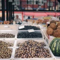 Tirana, Albania, June 2018 - Fruit and vegetable market. Stand with fresh fruit, mostly figs Royalty Free Stock Photo