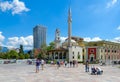 Efem Bay Mosque, Clock Tower, Plaza Hotel on Skanderbeg Square, Tirana, Albania Royalty Free Stock Photo