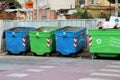 Tirana, Albania - September 1th 2022: Waste sorting in Tirana, Albania. Green and blue Garbage containers on the streets of Tirana