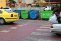 Tirana, Albania - September 1th 2022: Waste sorting in Tirana, Albania. Green and blue Garbage containers on the streets of Tirana