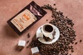 Tiraspol, Moldova - February 23, 2021: Sidamo coffee package from Ethiopia, 100% Arabica, Barista Coffee brand, Barista sweets,