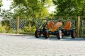 Pedal cart by BERG brand. Small pedal go-kart rental cars for children in a row ready for