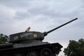 TIRASPOL, TRANSNITRIA MOLDOVA - AUGUST 12, 2016: Little Girl playing on the Tank Monument erected to commemorate the 1992 Transn