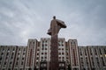 TIRASPOL, TRANSNITRIA MOLDOVA - AUGUST 12, 2016:: Transnistria Parliament building in Tiraspol with a statue of Vladimir Lenin i