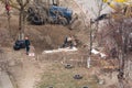 Tiraspol, Unrecognized Republic of Transnistria - November 18, 2021 A team of workers carries out repair work on a heating network